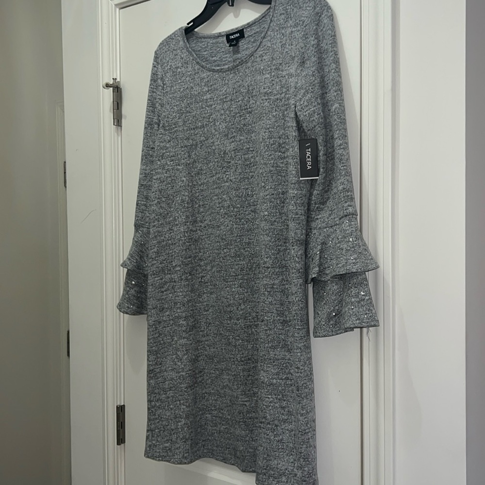 Tacera Heathered Gray Shift Dress Bell Sleeves W/ Silver Studs Size Small